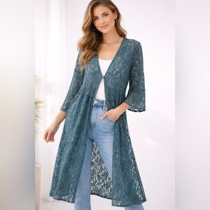 Teal Lace Long Kimono Jacket Cardigan Womens Large Sheer Boho Layer Lightweight